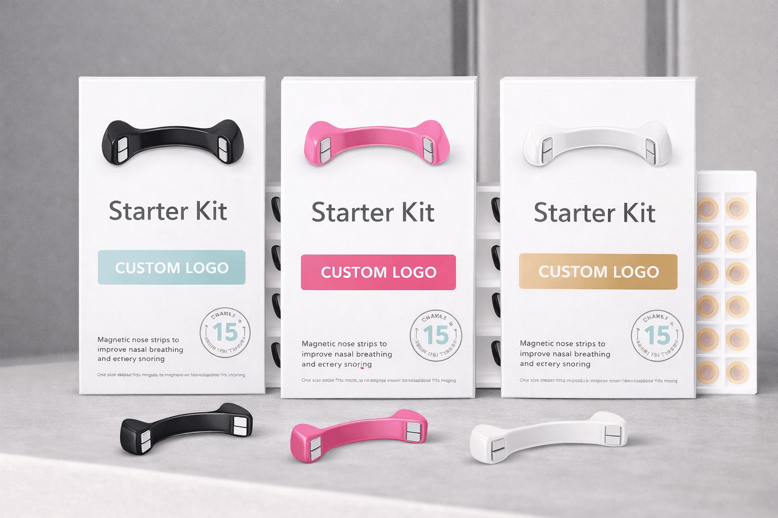 OEM Nasal Strips Production Samples - Custom Colors and Branded Packaging Display