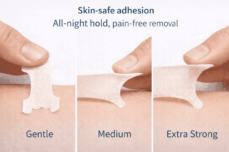 Close-up comparison of medical adhesive strips with different adhesion strengths