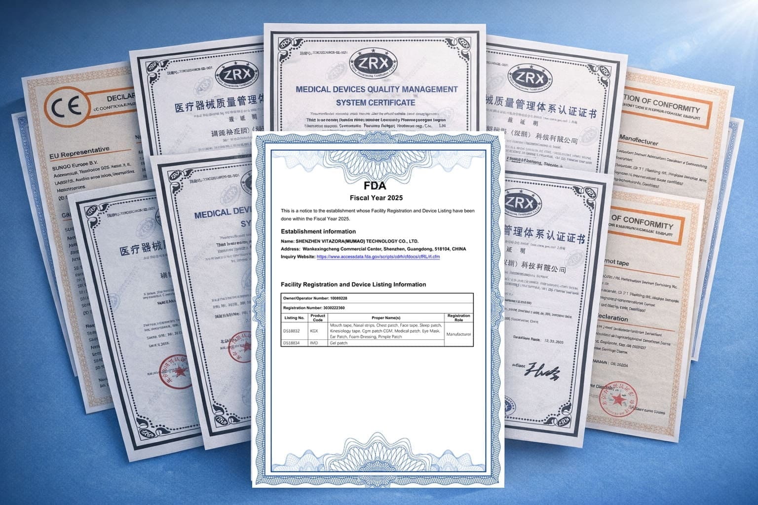 Close-up of FDA and CE style compliance documents placed neatly on a desk