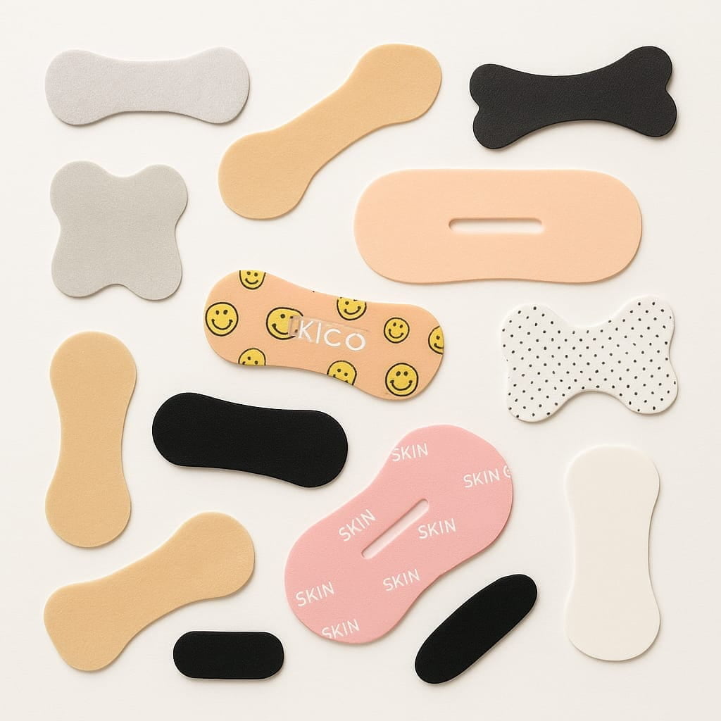 Top-down photo of nasal strips and mouth tapes in multiple custom shapes