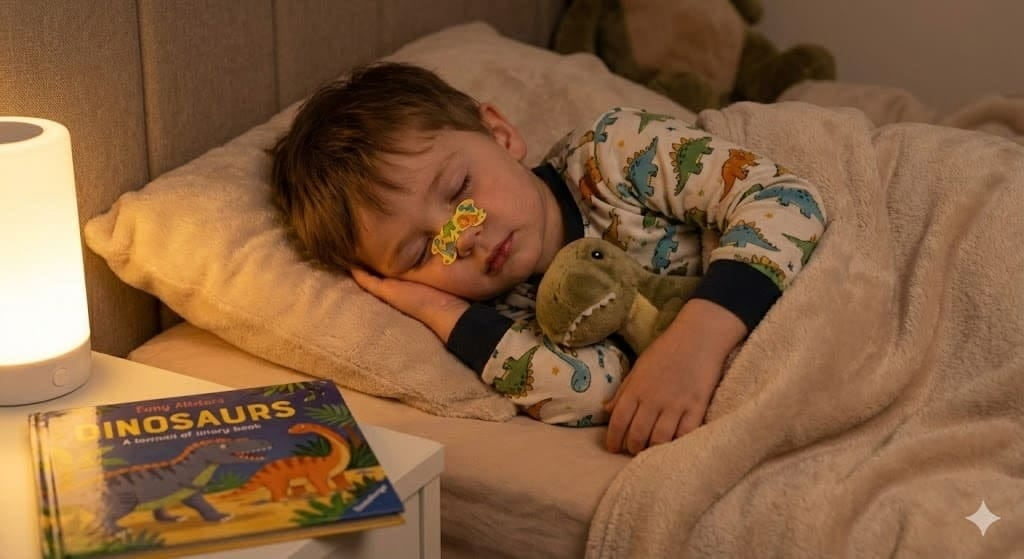 Child sleeping peacefully with nasal strip
